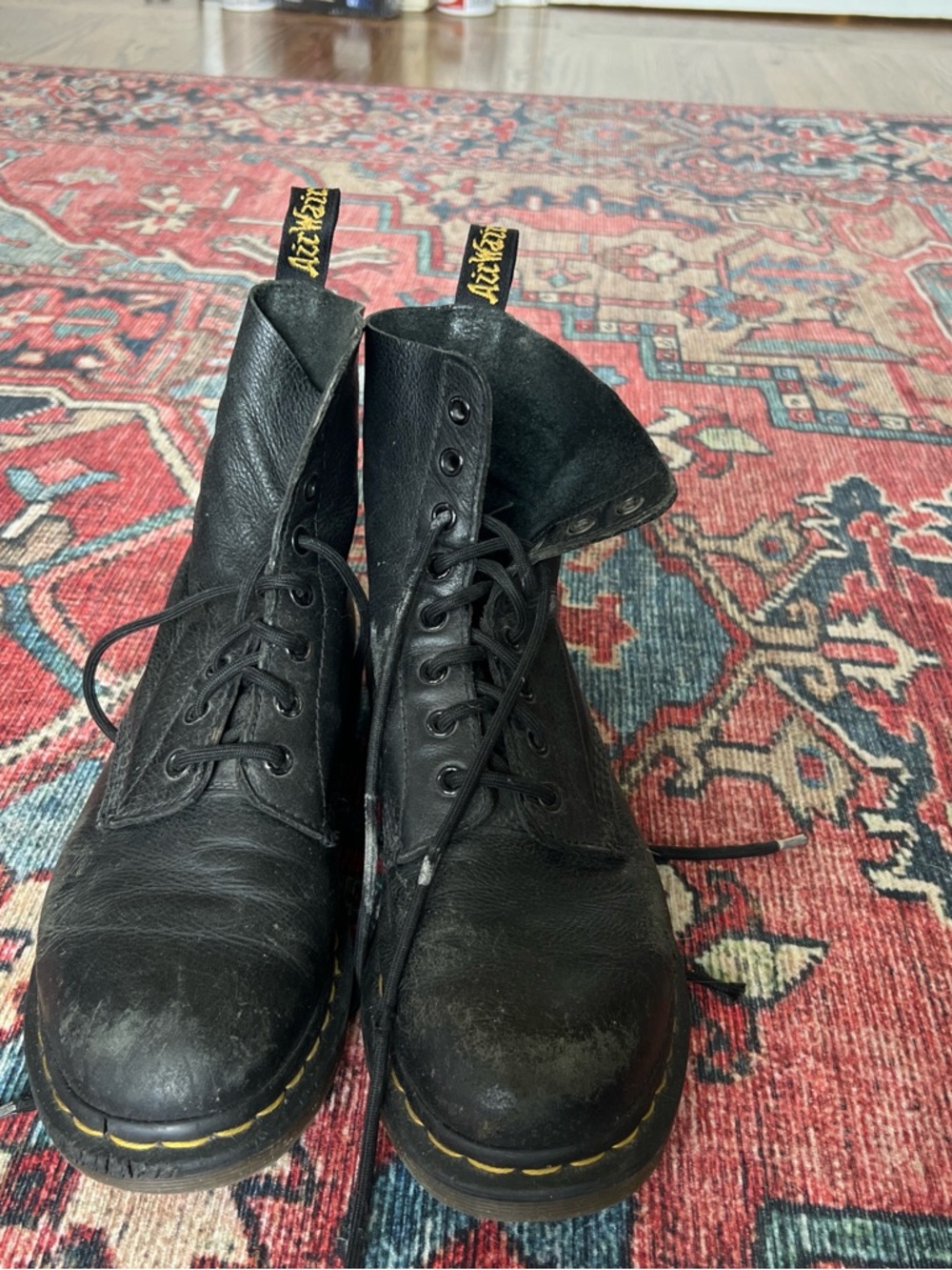 Dr. Martens Black Leather 8-Eye Lace-Up Boots with Yellow Stitching Pull Tabs